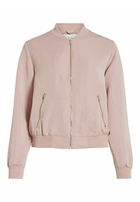 Light pink bomber jacket featuring a stand collar, gold zipper, and two zippered side pockets with ribbed cuffs and hem. Soft fabric texture.