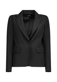 Blazer nero in tessuto liscio, con classico revers a lancia, chiusura con un solo bottone e due tasche frontali.