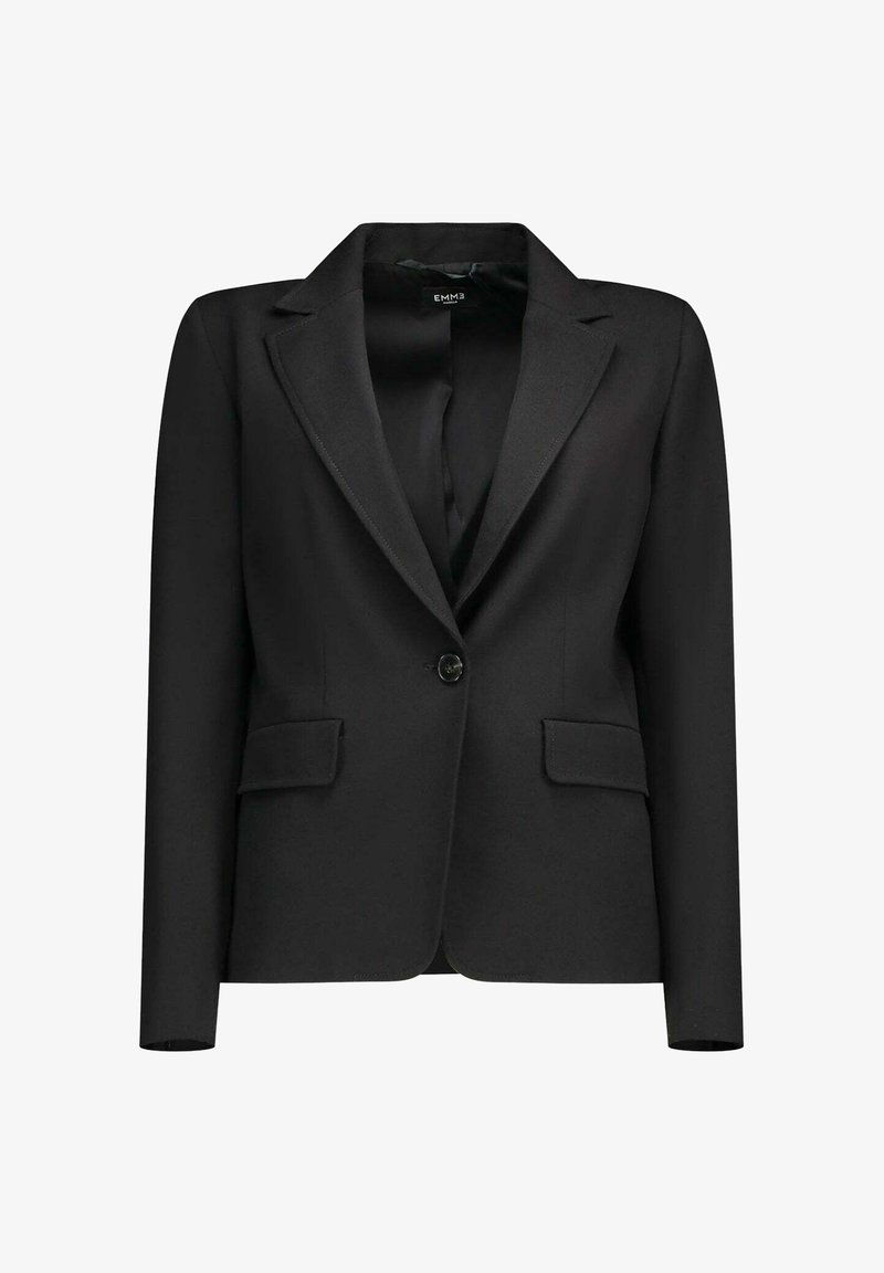 Blazer nero in tessuto liscio, con classico revers a lancia, chiusura con un solo bottone e due tasche frontali.