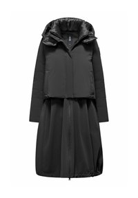 Cappotto invernale lungo nero imbottito con alto colletto, chiusura con zip, maniche lunghe e fondo leggermente svasato e aderente.