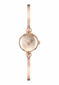Orologio da polso rosa oro con quadrante rotondo, design minimalista e cinturino liscio. Presenta un vetro cristallino e semplici marker delle ore.