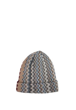 Beanie lavorato a maglia con un motivo a pied de poule in beige, blu e bordeaux. Texture morbida con orlo piegato e cima arrotondata.