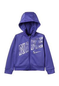 Lilla zip-up hoodie lavet af glat stof. Har en hætte, elastiske manchetter og et stort reflekterende "NIKE" logo på forsiden.
