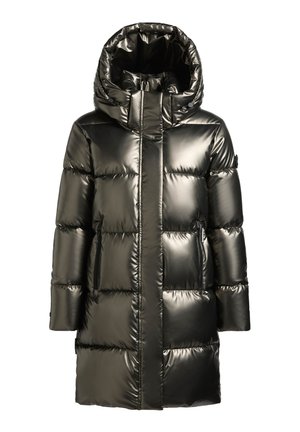 Metallic donzen jas met een getailleerd silhouet. Voorzien van een hoge kraag, zakken met rits en een doorgestikt, gevoerd ontwerp in donkergroen.