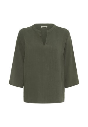 Olive green, lightweight blouse with a V-neckline, three-quarter sleeves, and a smooth texture. Simple design with minimal accents.