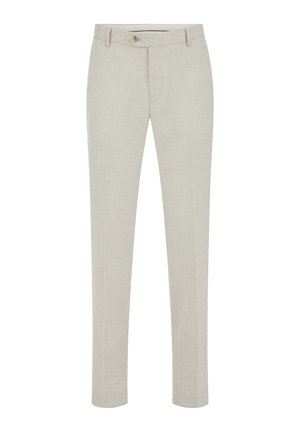 Pantaloni bej deschis cu croială slim, cu nasture frontal și cupe pentru curea, confecționați dintr-un material texturat.