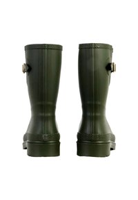 Bottes en caoutchouc vertes avec une finition mate, conçues avec une semelle texturée, des accents de boucles réglables et une hauteur mi-mollet.