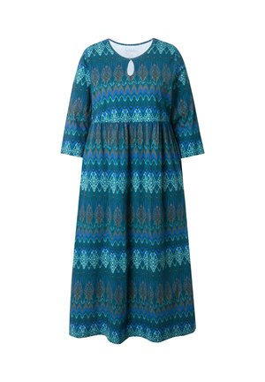 Türkises Kleid mit Dreiviertelärmeln, das einen Schlüssellochausschnitt und ein geometrisches Muster in Blau-, Grün- und Brauntönen aufweist. Aus Baumwollmischgewebe.
