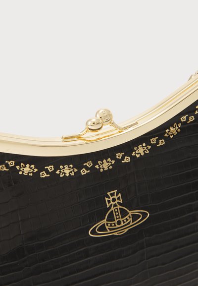 Black faux crocodile leather handbag with a gold-tone clasp, intricate floral detailing, and a decorative logo at the base.
