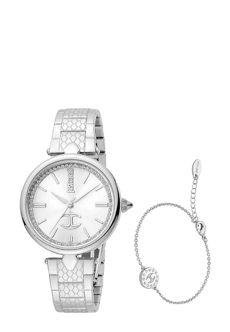Orologio argento con cassa rotonda, quadrante bianco e dettagli in cristallo. Presenta un bracciale in metallo testurizzato. Include un bracciale a catena abbinato.