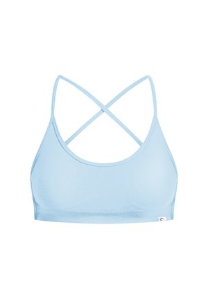 Sujetador deportivo azul claro con una tela suave y elástica. Presenta tirantes traseros ajustables en forma de cruz y un escote redondo. Branding mínimo visible.