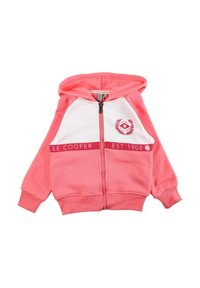 Sweat à capuche rose avec fermeture éclair et accents blancs, arborant un logo sur la poitrine, des poignets côtelés et une capuche ajustable. Confectionné en tissu doux et extensible.