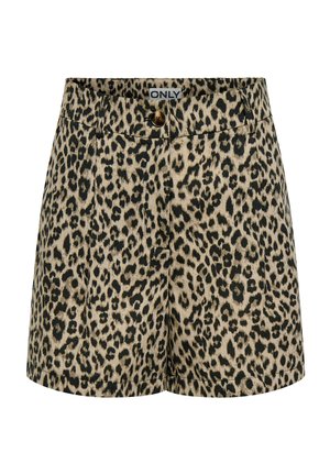 Szorty w panterkę z wysokim stanem, zapinane na guzik i zamek, z szlufkami na pasek oraz metką z napisem "ONLY" na pasie.