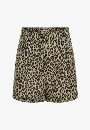 Højtaljede shorts med leopardprint, lukkes med knap og lynlås, bæltestropper og et mærke med teksten "ONLY" på taljen.