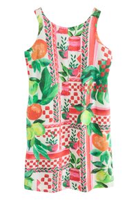 Ärmlös klänning i ett lätt tyg. Har ett färgstarkt blommigt och geometriskt mönster i rött, grönt och orange. Utsvängd design.