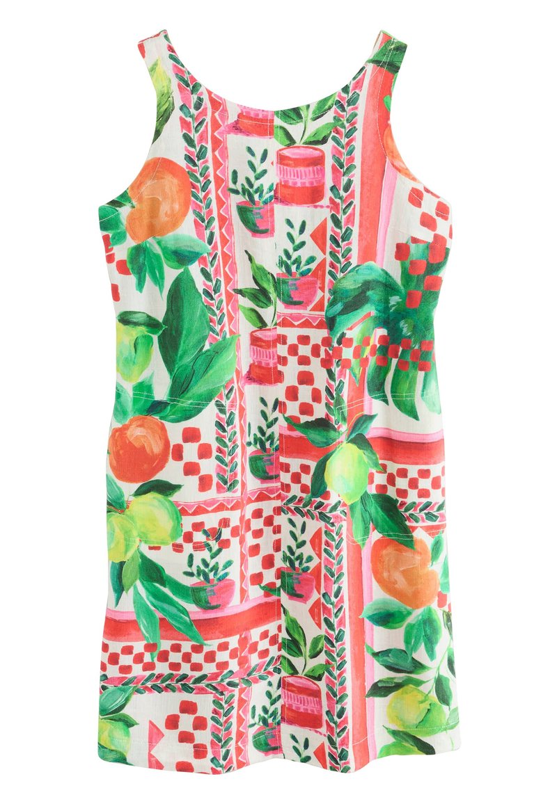 Ärmlös klänning i ett lätt tyg. Har ett färgstarkt blommigt och geometriskt mönster i rött, grönt och orange. Utsvängd design.