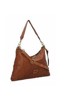 Borsa a tracolla in pelle marrone con forma triangolare, dettagli intrecciati, accessori in oro e tracolla regolabile. Presenta una chiusura con zip e accenti decorativi.
