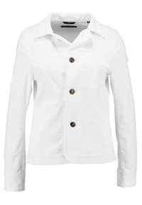 White corduroy jacket featuring long sleeves, a button-up front with brown buttons, a collar, and side pockets. Textured fabric and tailored fit.