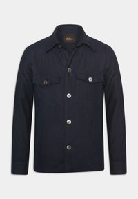 Navy blue button-up jacket in a solid, textured fabric with two chest pockets, prominent buttons, and a classic collar design.