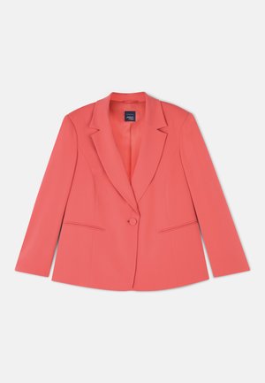 Coral tailored blazer with a single button closure, notch lapels, two front pockets, and a smooth textured fabric. Standard fit.