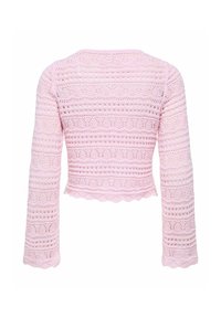 Pull en crochet rose pastel à manches longues, avec un motif texturé de rayures et un ourlet festonné. Tissu léger.