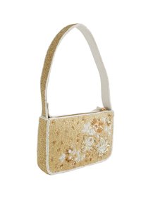 Beaded torbica z rožnim vezenjem, zlatih in bež barv, pravokotne oblike in kratkim ročajem. Ima zadrgo na vrhu.