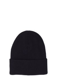Berretto a maglia nero con risvolto. Realizzato in tessuto morbido. Caratterizzato da una superficie liscia e da un design semplice, adatto a diverse dimensioni della testa.