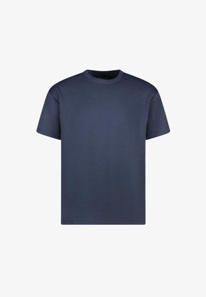 Donkerblauwe katoenen T-shirt met een klassieke ronde hals en korte mouwen. Glad van textuur, relaxte pasvorm, zonder zichtbare logo's of patronen.