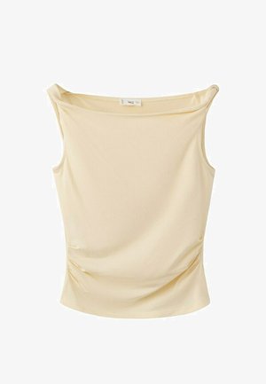 Beige dames top zonder mouwen met een brede boothals en subtiel zijstrepen, gemaakt van zachte, lichte stof.