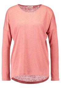 Langärmliges, locker sitzendes Oberteil aus weichem rosa Stoff. Hat einen runden Ausschnitt, eine strukturierte Oberfläche und einen längeren Rückensaum.