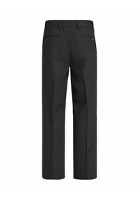 Black straight-leg dress pants with belt loops and two back welt pockets on a white background.