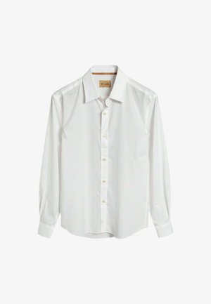 Camicia da uomo bianca a maniche lunghe con bottoni, colletto appuntito e polsini con bottoni, mostrata su sfondo bianco.