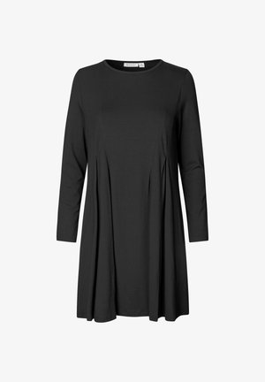 Schwarzes, langärmliges A-Linien-Kleid mit Rundhalsausschnitt und dezenten Nahtdetails auf der Vorderseite.