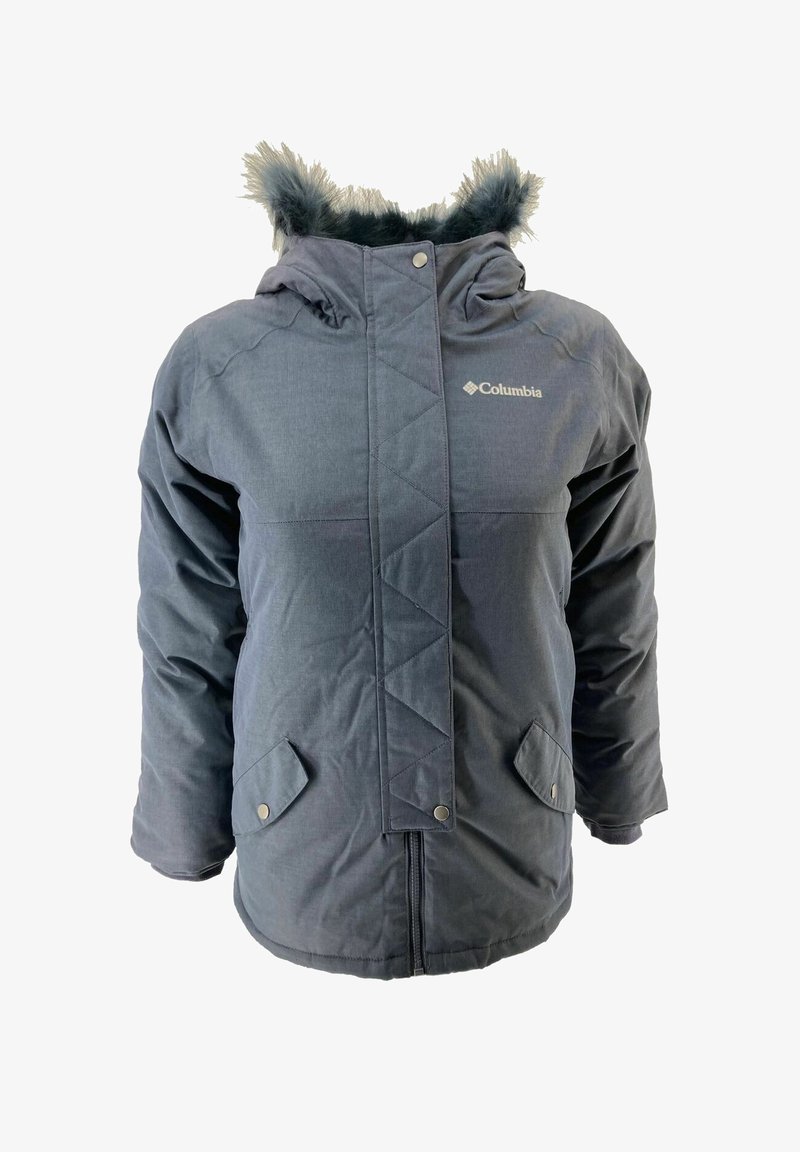 Giacca isolante blu scuro con cappuccio foderato in pelliccia, chiusure a scatto, design frontale trapuntato e due tasche laterali. Logo del marchio sul petto.