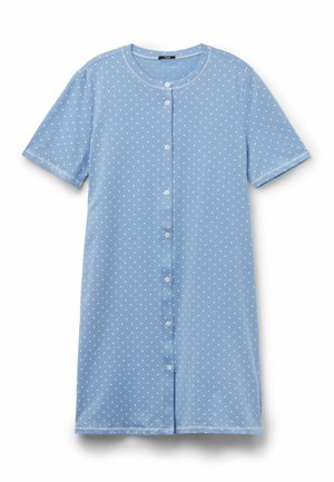 Hellblaues kurzärmeliges Kleid mit weißen Punkten, rundem Ausschnitt und vorderer Knopfleiste.