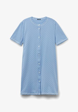 Hellblaues kurzärmeliges Kleid mit weißen Punkten, rundem Ausschnitt und vorderer Knopfleiste.