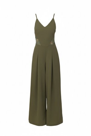 Ελιάς πράσινη ολόσωμη φόρμα χωρίς μανίκια με φαρδιές παντελόνες, λαιμόκοψη σε σχήμα V, λεπτές τιράντες και λεπτομέρειες δαντέλας με κοψίματα στη μέση.
