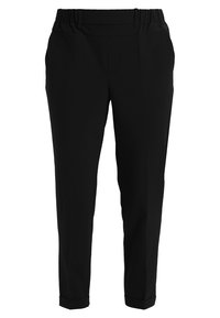Pantalons noirs à taille élastique avec jambes fuselées, texture lisse, poches latérales et longueur cropped. Design moderne adapté pour une tenue décontractée.
