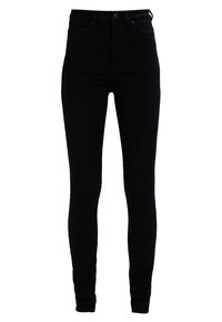 Vaqueros skinnies negros de cintura alta, hechos de mezclilla, con cierre de botón en la parte delantera, cinco bolsillos y una textura suave.