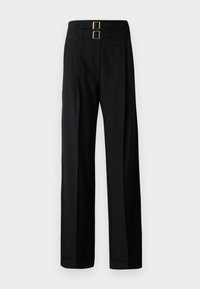 Pantaloni neri con vita alta, dotati di due fibbie rettangolari dorate, design a gamba larga e un tessuto liscio e testurizzato.