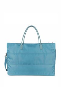 Hellblaue Tragetasche aus Nylon mit zwei Griffen, einem Schultergurt und einer Vordertasche. Rauer Textur mit einer strukturierten, rechteckigen Form.