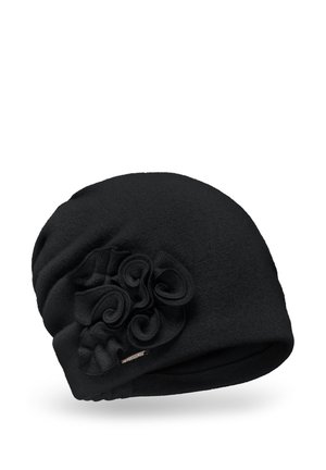 Black fleece beanie featuring a textured floral accent on the side, with a smooth, rounded shape and a snug fit.