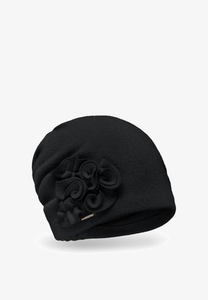Schwarze Fleece-Mütze mit einem strukturierten floralen Akzent an der Seite, in einer glatten, runden Form und mit eng anliegender Passform.