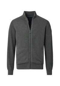 Dunkelgrüne Zip-Jacke mit hohem Kragen, gerippter Textur, langen Ärmeln und seitlichen Taschen. Verfügt über einen glatten Reißverschluss und enganliegende Manschetten.
