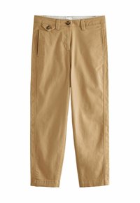 Khaki chinos made of cotton with a smooth texture. Features a button closure, side pockets, and a straight-leg design.
