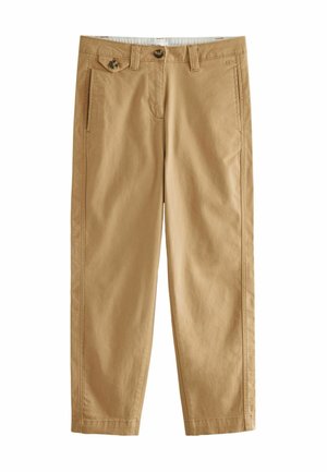 Khaki puuvillased chinos, millel on sile tekstuur. Omab nööp-kinnitust, külgi taskuid ja sirget jala disaini.
