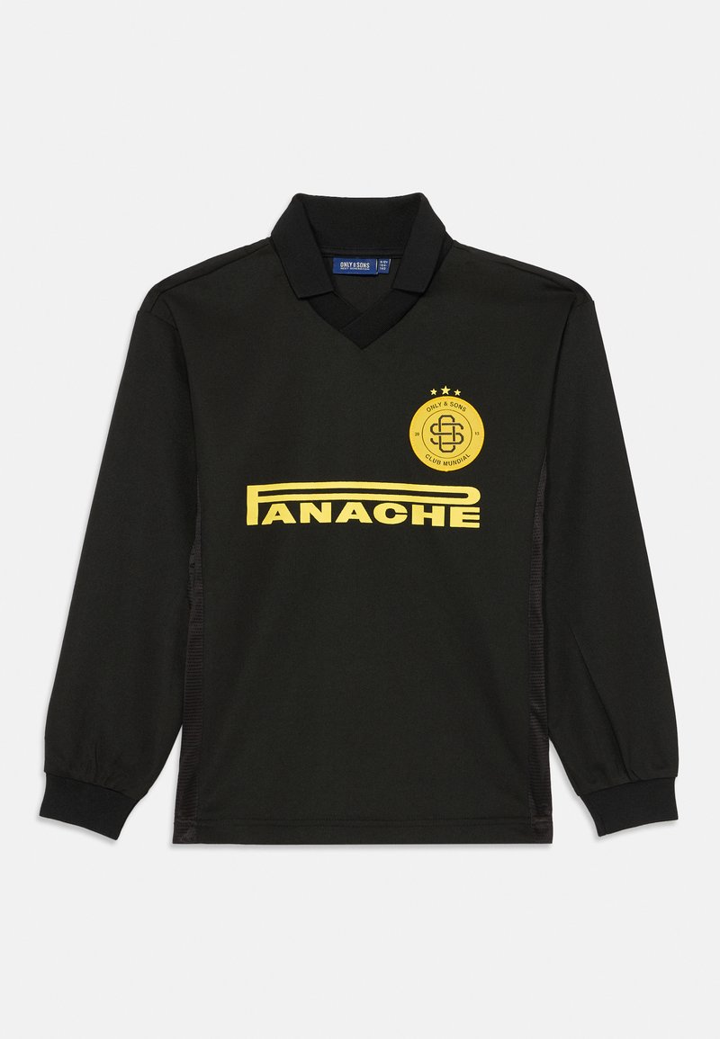 Must musta väike varrukas polo särk, millel on v-kaelus, kollane logo ja tekst "PANACHE" ees ning rõhutatud pisteed.