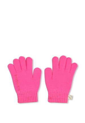 Gants tricotés en rose vif, avec un poignet côtelé et un design à cinq doigts. Le nom de la marque est embossé sur un gant.
