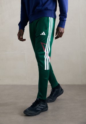 Person som har på seg grønne joggebukser med hvite striper og et rødt trekantdesign, kombinert med svarte joggesko og en blå hettegenser.