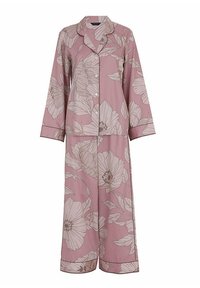 Pyjama-Set mit Blumenmuster aus weichem rosa Stoff. Beinhaltet ein langärmliges Hemd mit Kragen und weit geschnittene Hosen mit detaillierten botanischen Motiven.